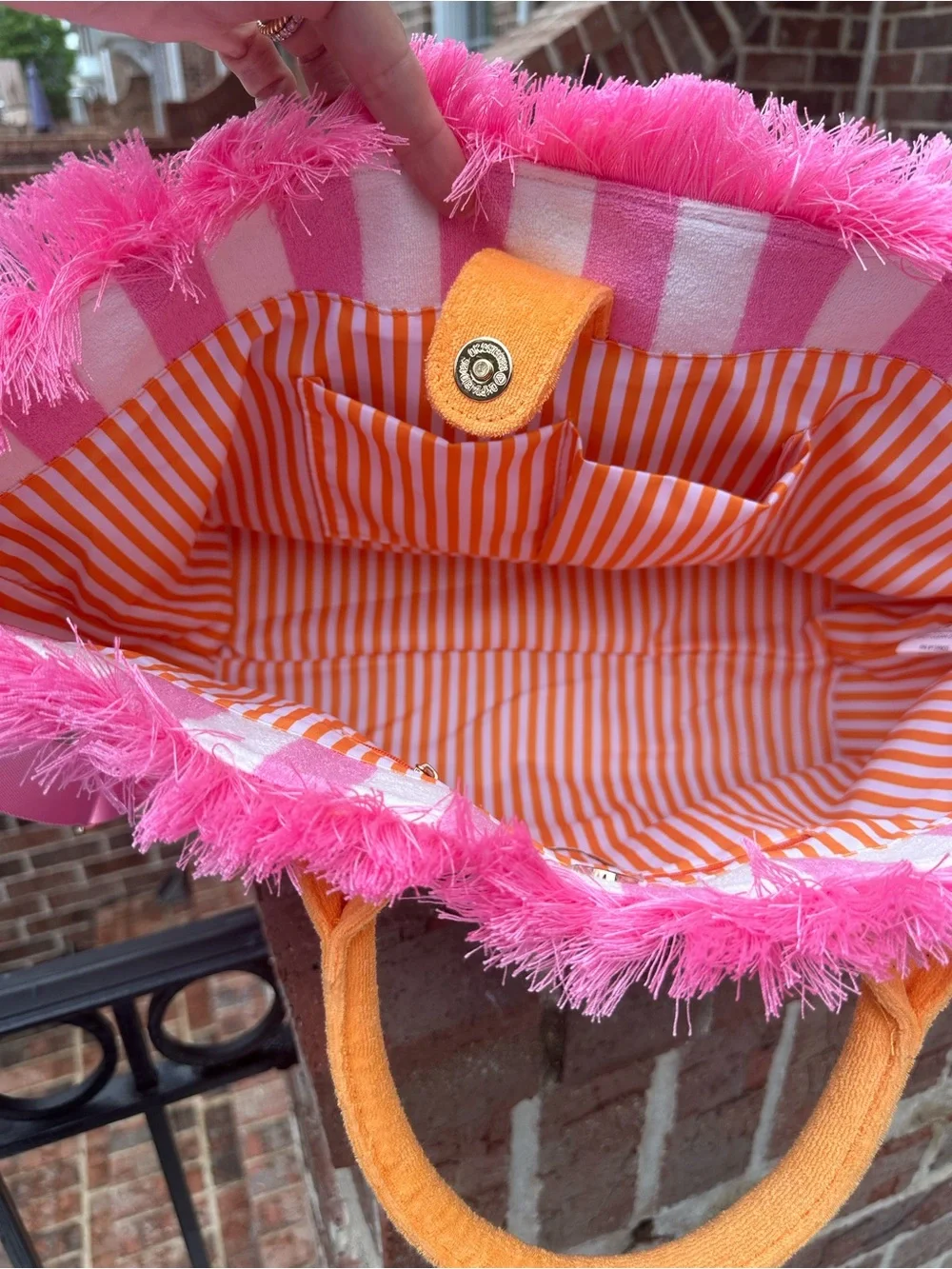 Shiraleah Pink & White Striped Tote Bag with Orange Handles NWT - Picture 5 of 11